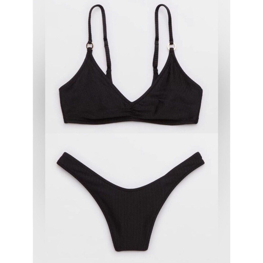 NWT Aerie FULL SET Beach Babe Shine Rib Voop Top + Thong Bottoms Black - Size L